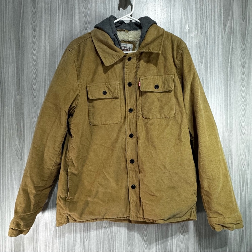 Levi's Corduroy Sherpa Lined Trucker Jacket Tan Sweat Shirt‎ Hood Sz Medium Mens